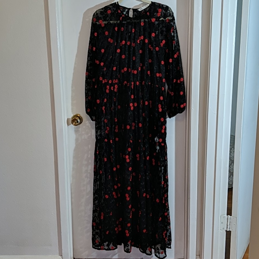 Zara Black Mesh Maxi Dress with Red Embroidery